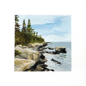 8x8 Maine Original Oil Painting Acadia Ocean Rocks Pinetrees New England Signed